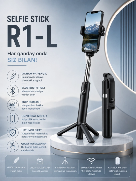 Tripodli 4x1 selfi tayoqchasi, Bluetooth pulti, teleskopik, universal - 