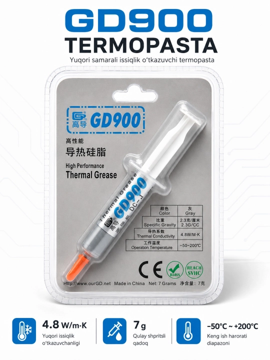 Термопаста GD900-T серая, для CPU, GPU, процессора, видеокарты и LED - 