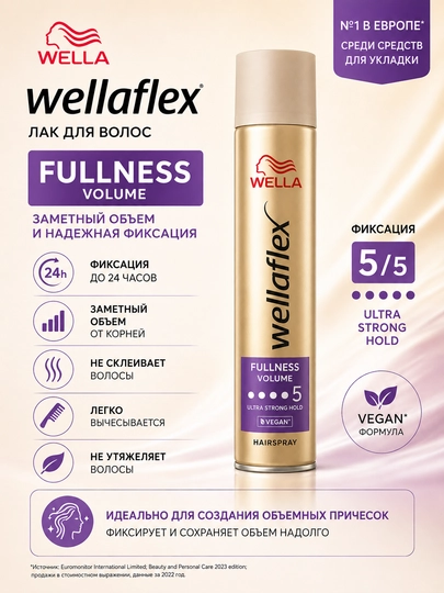 Wellaflex Лак для волос FULLNESS VOLUME сверхсильная фиксация 5/5 250мл - 