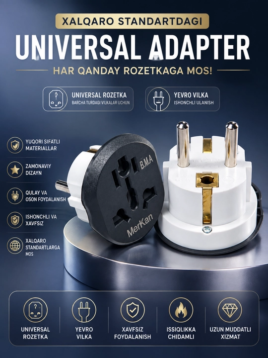Universal Sayohat Adapteri  Xalqaro Rozetka O‘tkazgich  EU Plug  150+ Mamlakat uchun - 