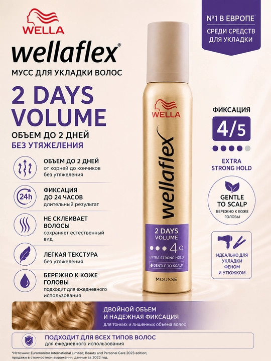 Wellaflex Мусс для волос 2 Days Volume 4/5 Extra Strong Hold 200 мл - 