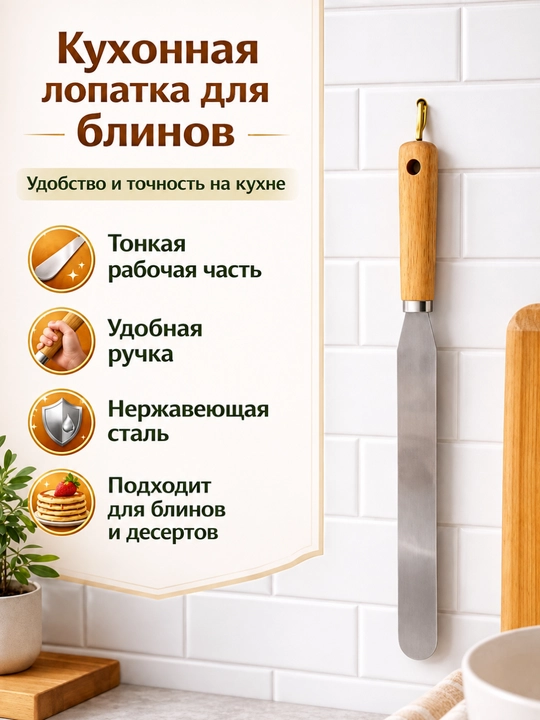 Zanglamaydigan po‘latdan oshxona lopatkasi yog‘och tutqichli - 