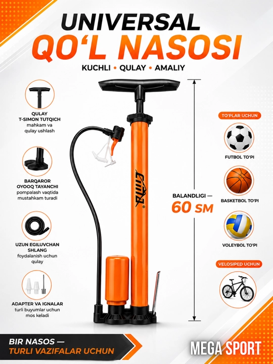 Universal qo‘l nasosi — to‘p va velosipedlar uchun, 60 sm, adapter va ignalar bilan - 
