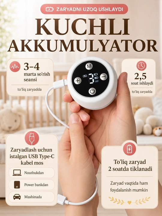 Elektr sut so‘rg‘ich, simsiz, 3 rejimli, 9 darajali, massaj, 180 ml hajmli shisha idish