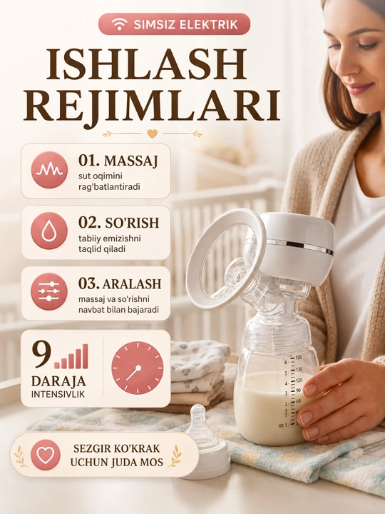 Elektr sut so‘rg‘ich, simsiz, 3 rejimli, 9 darajali, massaj, 180 ml hajmli shisha idish