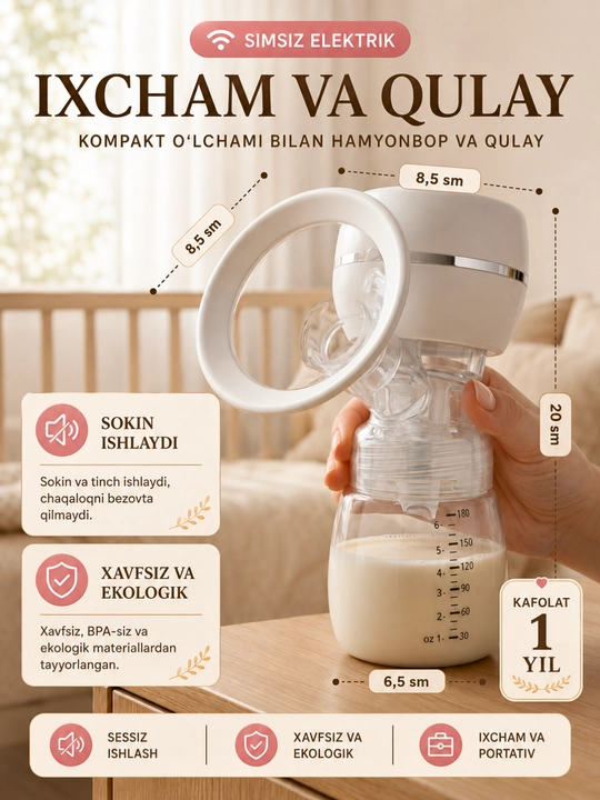 Elektr sut so‘rg‘ich, simsiz, 3 rejimli, 9 darajali, massaj, 180 ml hajmli shisha idish