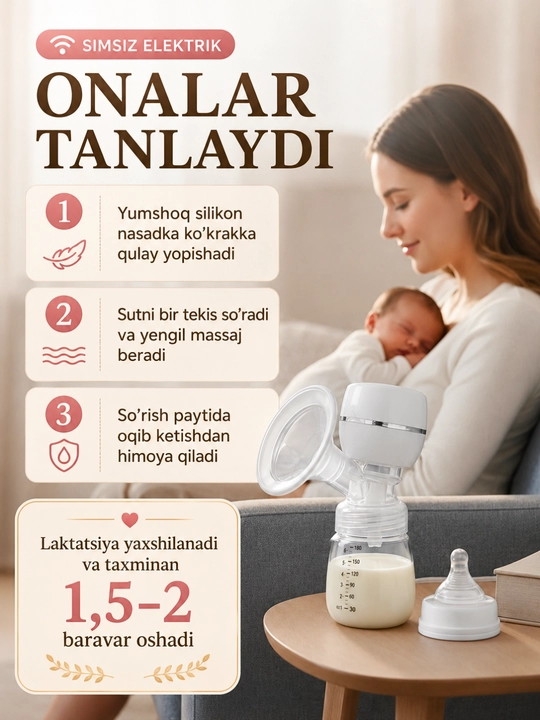 Elektr sut so‘rg‘ich, simsiz, 3 rejimli, 9 darajali, massaj, 180 ml hajmli shisha idish