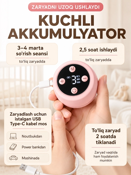 Elektr sut so‘rg‘ich, simsiz, 3 rejimli, 9 darajali, massaj, 180 ml hajmli shisha idish