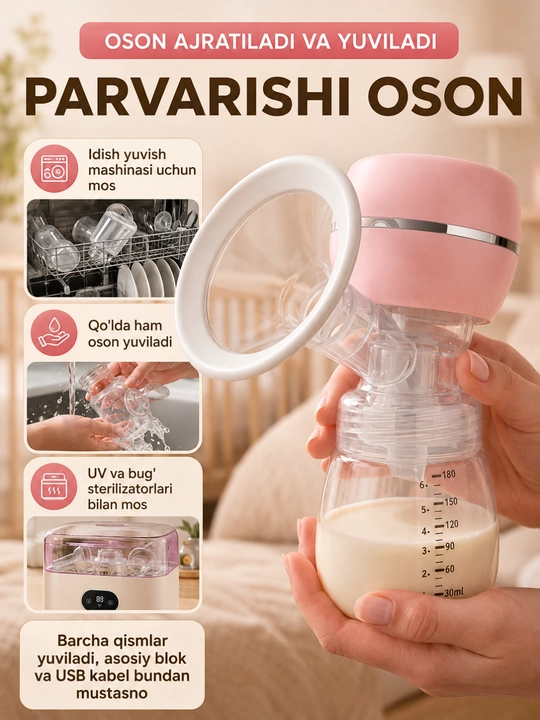 Elektr sut so‘rg‘ich, simsiz, 3 rejimli, 9 darajali, massaj, 180 ml hajmli shisha idish