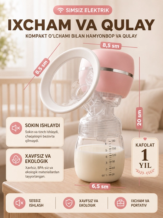 Elektr sut so‘rg‘ich, simsiz, 3 rejimli, 9 darajali, massaj, 180 ml hajmli shisha idish