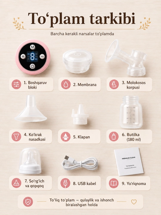 Elektr sut so‘rg‘ich, simsiz, 3 rejimli, 9 darajali, massaj, 180 ml hajmli shisha idish