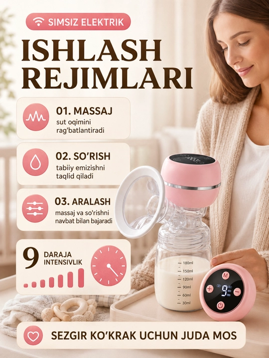 Elektr sut so‘rg‘ich, simsiz, 3 rejimli, 9 darajali, massaj, 180 ml hajmli shisha idish