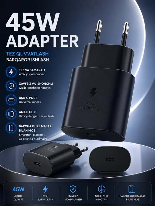 45 Vt quvvatli tarmoq adapteri, USB-C, tez quvvatlash, smart chip, universal - 