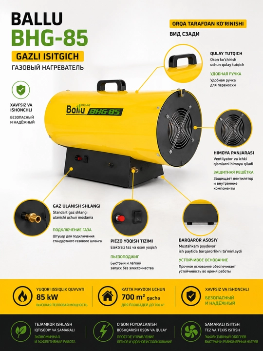 Ballu BHG-20, BHG-85 va BHG-120 gazli qurilish issiqlik generatorlari