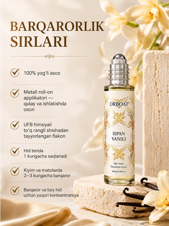 Ayollar uchun yog'li atir, 10 ml — Spirtsiz chidamli vanil iforli atir, rolikli - 