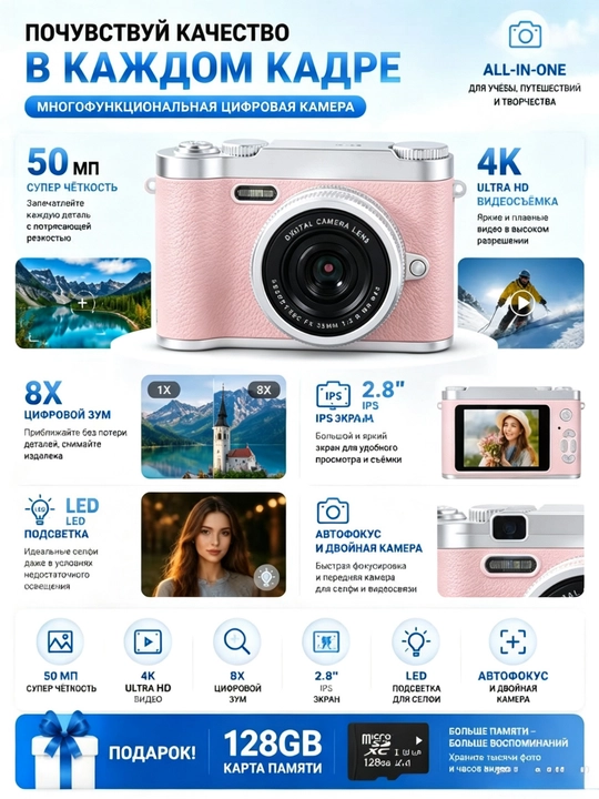 Portable digital point-and-shoot camera with HD 1080P, 8X digital zoom, AF focus