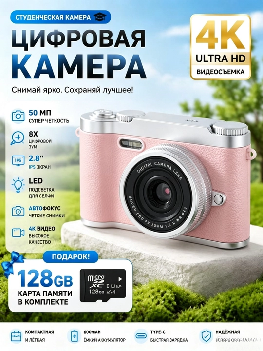 Portable digital point-and-shoot camera with HD 1080P, 8X digital zoom, AF focus - 