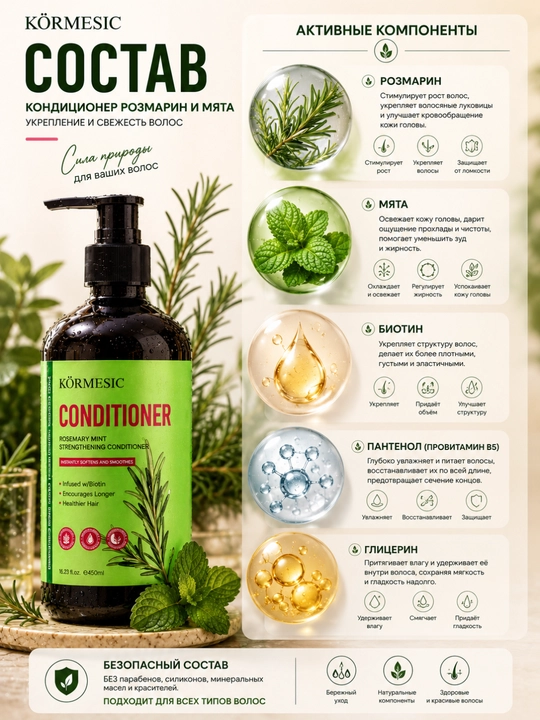 KO‘RMESIC Rosemary Mint Strengthening Conditioner soch uchun konditsioneri - 450 ml