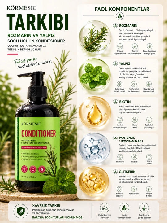 KO‘RMESIC Rosemary Mint Strengthening Conditioner soch uchun konditsioneri - 450 ml