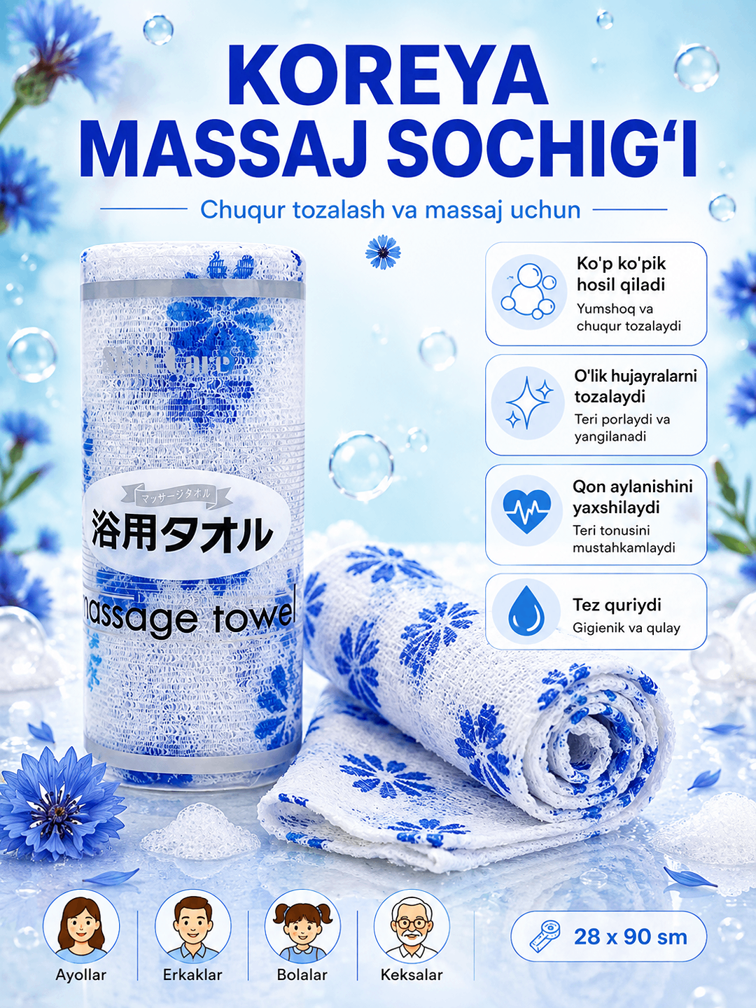 Корейская массажная мочалка-полотенце для тела, для пилинга и глубокого очищения, 28×90 см - 