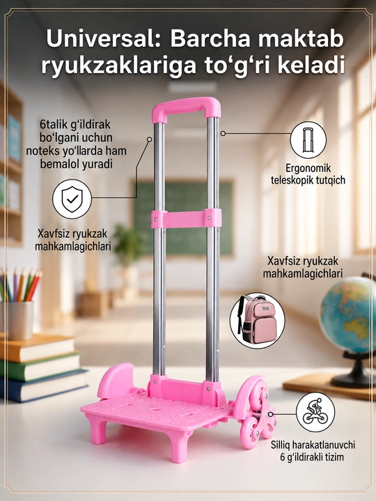 Maktab ryukzaklari uchun yig‘ma g‘ildirakli aravacha + qo‘shimcha universal mahkamlagich