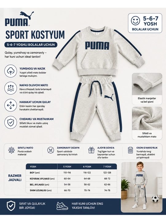 5-6-7 yoshli o‘g‘il va qiz bolalar uchun Puma uslubidagi bolalar sport kostyumi