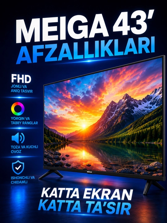 Телевизор MEIGA 43" Smart Android TV — IPS Full HD Wi-Fi YouTube Защита экрана