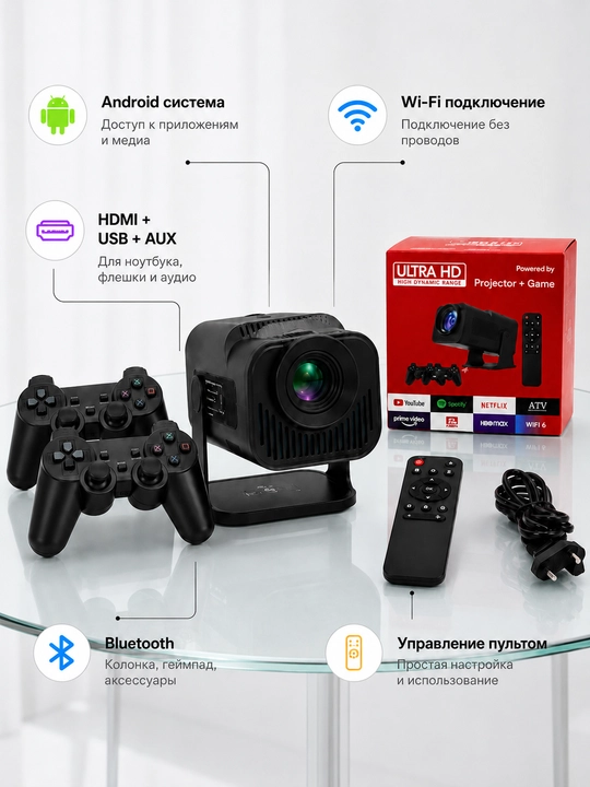 Android o‘yin proyektori, 2 ta joystik, Wi-Fi, Bluetooth, HDMI, USB, pult bilan