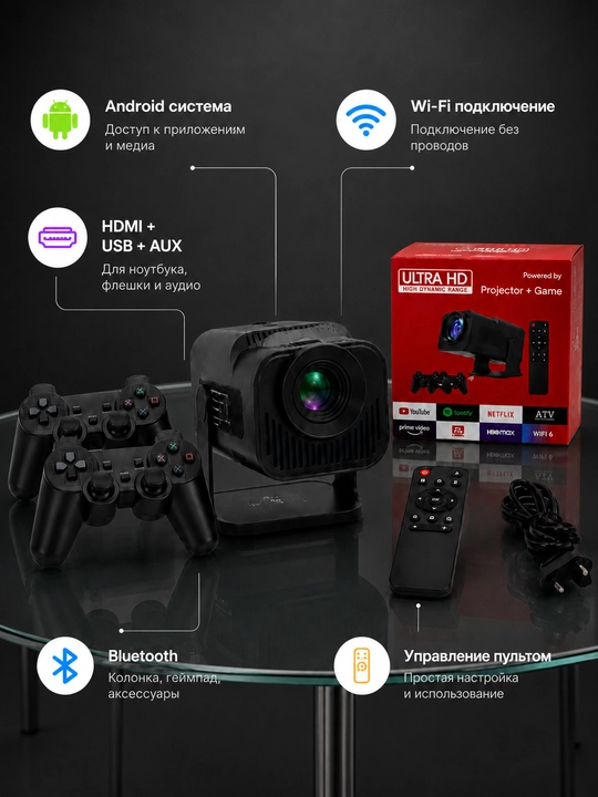 Mini Android proyektor, 2 ta geympad, Wi-Fi, Bluetooth, HDMI, USB, pultli to‘plam