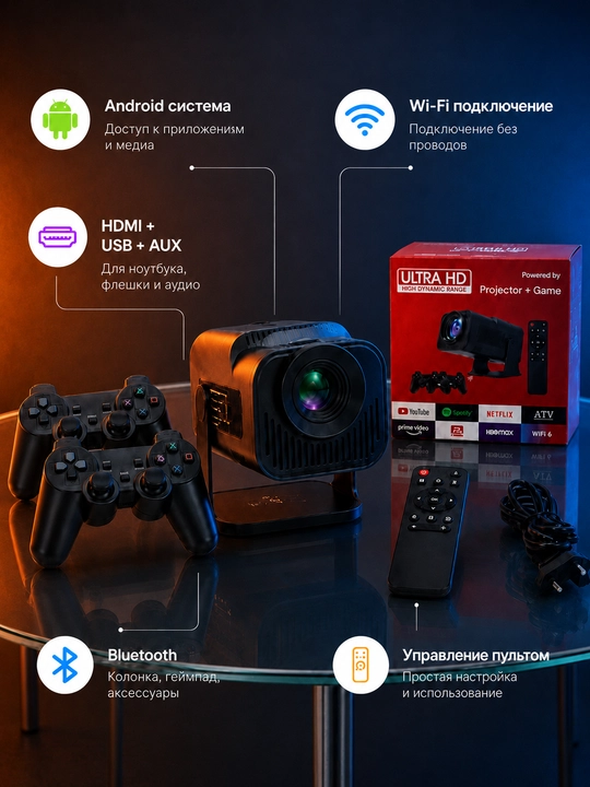 Android proyektor, 2 ta joystik, Wi-Fi, Bluetooth, HDMI, USB, kino va o‘yin uchun