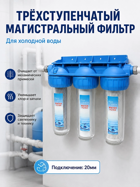 Фильтр для воды, магистральный трехступенчатый фильтр, 3/4“ - 