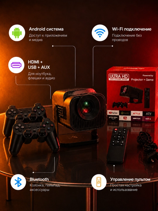 Smart Android proyektor, 2 ta geympad, Wi-Fi, Bluetooth, HDMI, USB va pult bilan