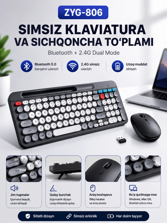 ZYG-806 Simsiz Bluetooth va 2.4G Klaviatura Sichqoncha To‘plami - 