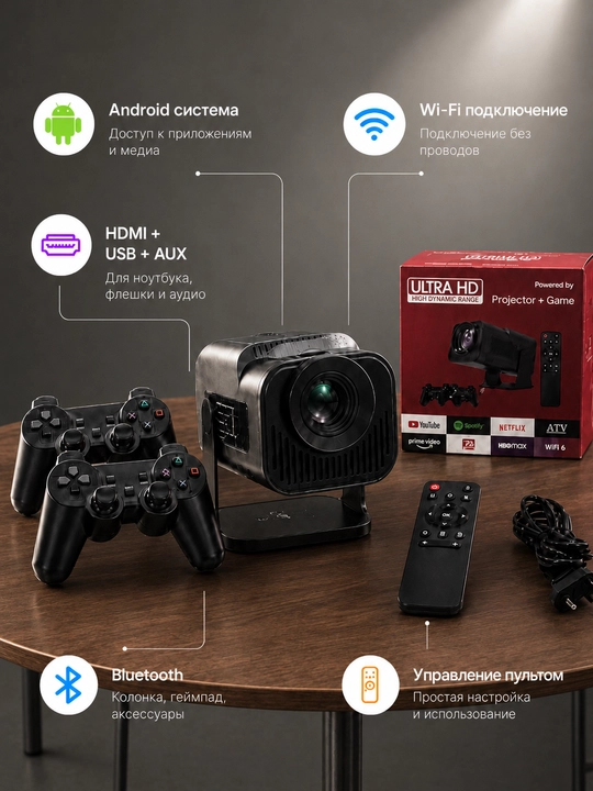 Multimedia Android proyektor, 2 geympad, Wi-Fi, Bluetooth, HDMI, USB, pult bilan