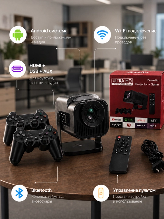 Android proyektor, 2 ta geympad, Wi-Fi, Bluetooth, HDMI, USB, uy va o‘yin uchun