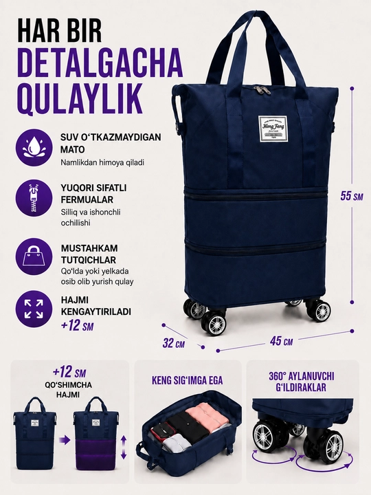 Ayollar uchun transformer yo‘l sumkasi, suv o‘tkazmaydigan