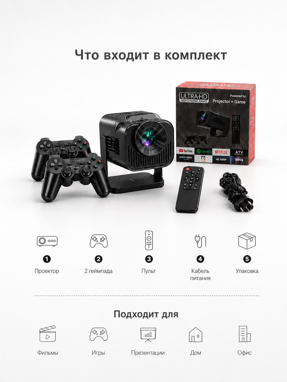 Игровой проектор Android, 2 геймпада, Wi-Fi, Bluetooth, HDMI, USB, с пультом