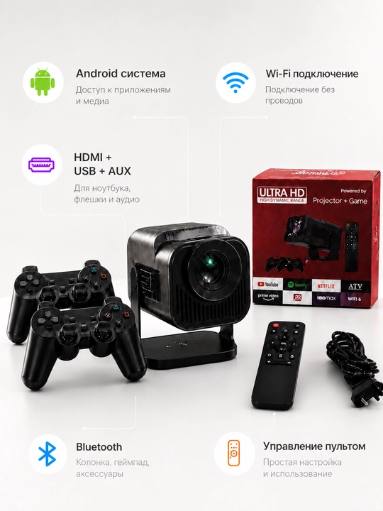 Игровой проектор Android, 2 геймпада, Wi-Fi, Bluetooth, HDMI, USB, с пультом