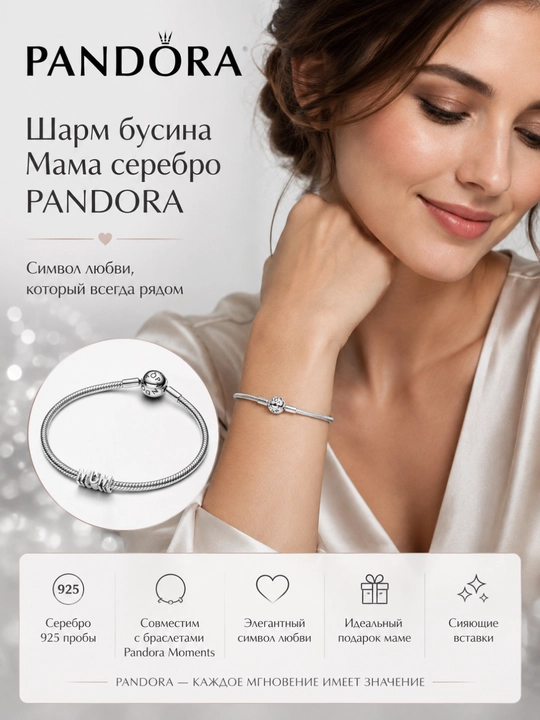 Шарм-бусина Pandora Мама MUM, серебро 925, цирконий 794455C01