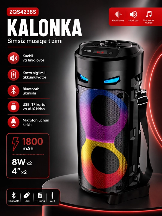 Karaoke kolonka ZQS4239 Bluetooth, mikrofonli, RGB yorug'lik effektli, 40 sm - 
