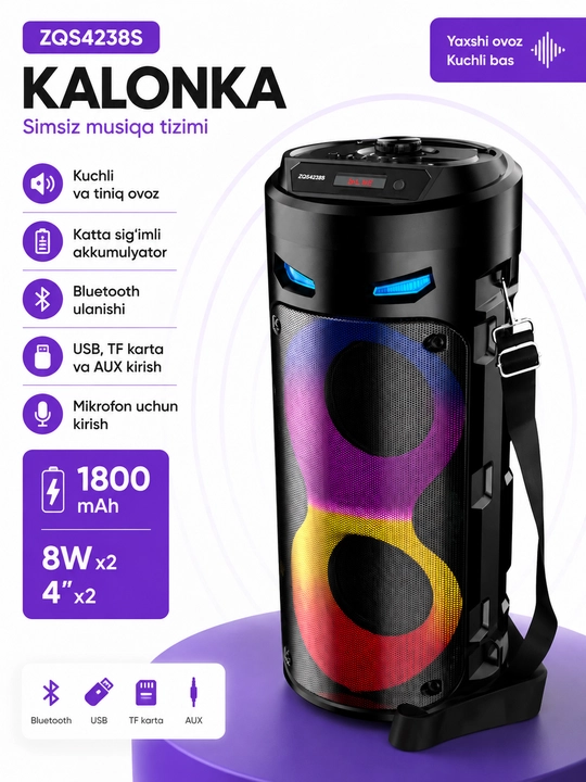 Karaoke kolonka ZQS4239 Bluetooth, mikrofonli, RGB yorug'lik effektli, 40 sm