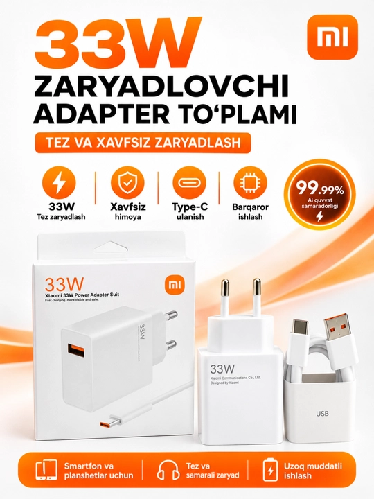 Samsung va Xiaomi Redmi uchun tezkor quvvatlash qurilmasi 120 Vt 67 Vt 33 Vt Type-C kabeli - 