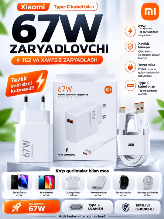Samsung va Xiaomi Redmi uchun tezkor quvvatlash qurilmasi 120 Vt 67 Vt 33 Vt Type-C kabeli - 