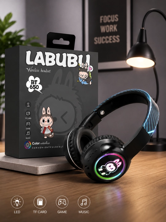 LABUBU BT650 Simsiz Bluetooth Naushnik LED, TF Card va O‘yin Rejimi bilan