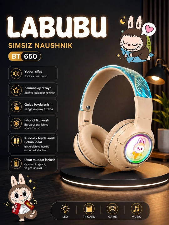 LABUBU BT650 Simsiz Bluetooth Naushnik LED, TF Card va O‘yin Rejimi bilan - 