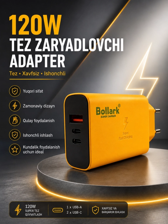 120W Tezkor Zaryadlovchi – 4 Portli GaN Adapter, PD va QC3.0 Fast Charger - 