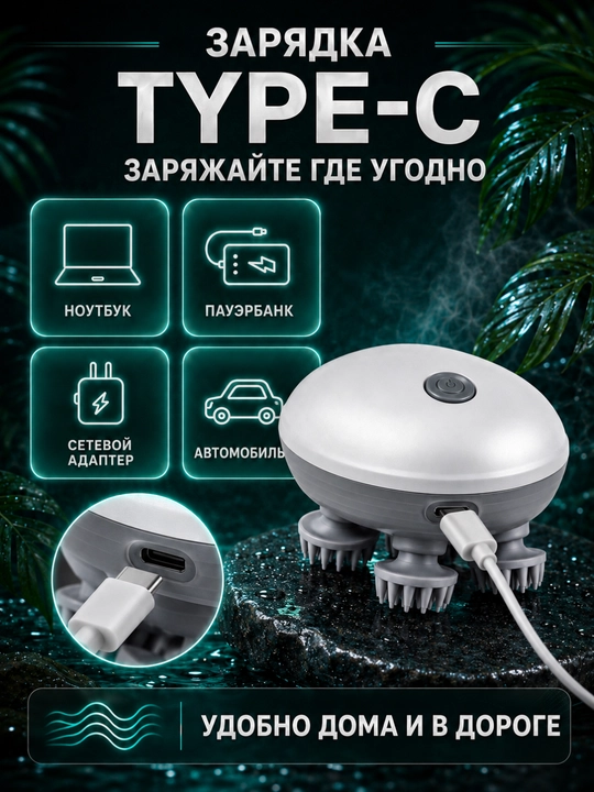 Bosh massajeri — mini elektr scalp massager, USB zaryadli massaj apparati