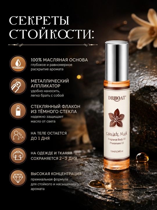 Масляные духи Chocolate Musk 10 мл — Стойкий аромат шоколада без спирта, роликовые унисекс