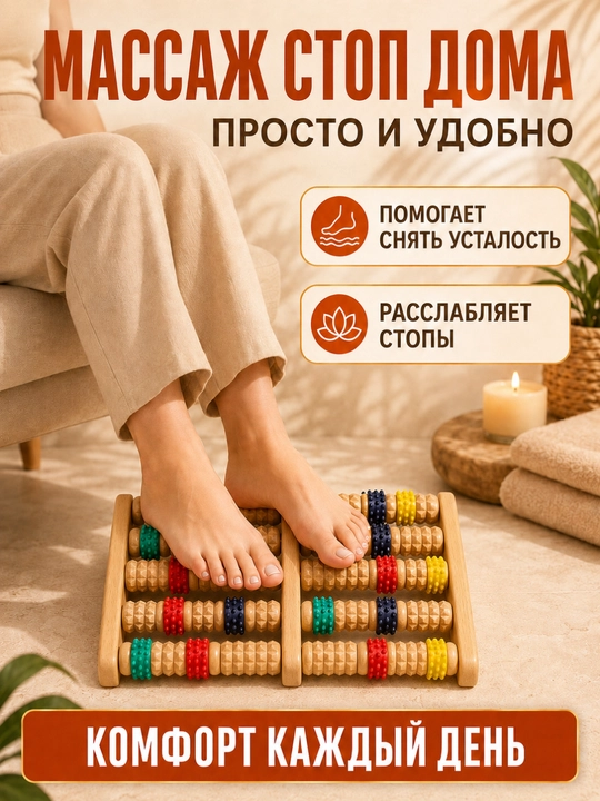 Массажер для ног, деревянный, 40 роликов, резиновые шипы, для стоп и пяток