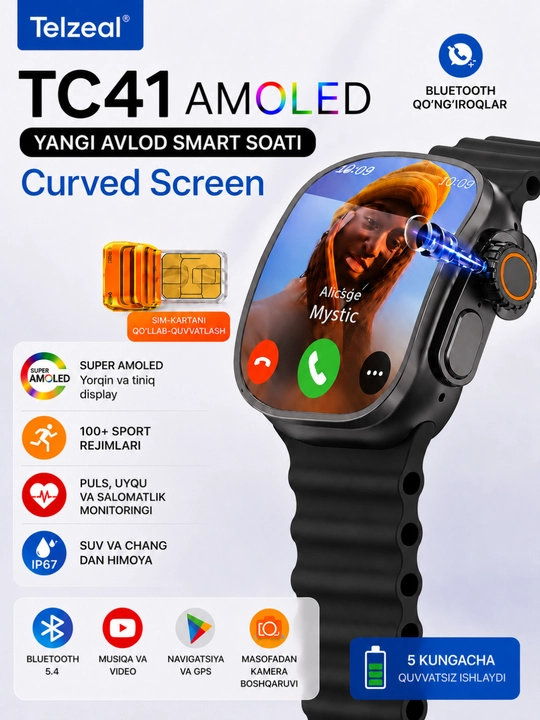 Смарт-часы Telzeal TC41 AMOLED с 4G, SIM-картой, камерой и Bluetooth